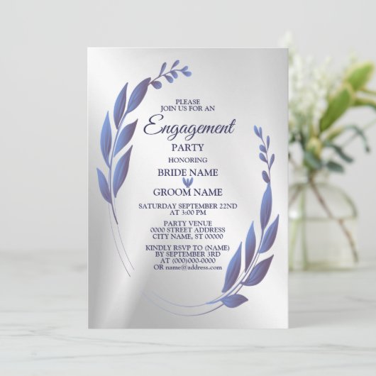 婚約パーティパープルブルーフローラフレームシルバー 招待状 (スタンド正面)
