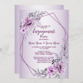 婚約パーティピンクフローラ紫バイオレットモダン 招待状 (正面/裏面)