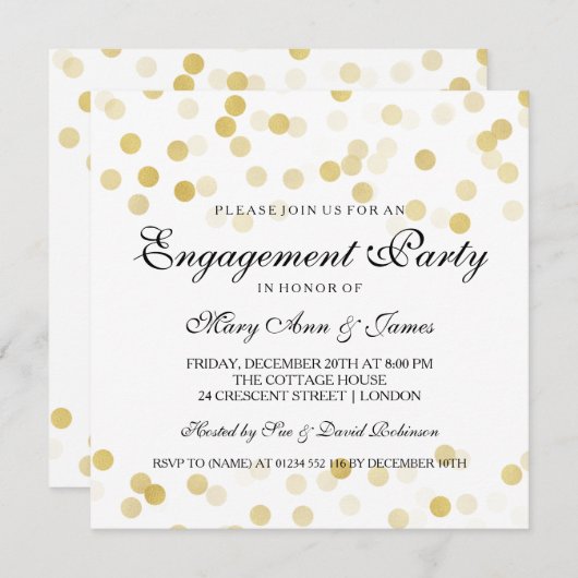 婚約パーティフェイクゴールドフォイルグリッターライト 招待状 (正面/裏面)
