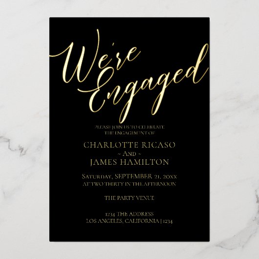 婚約パーティブラック金ゴールドタイポグラフィ 箔招待状 (正面)