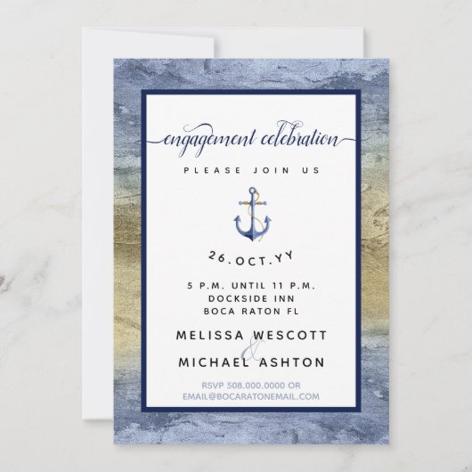 婚約パーティブルー金ゴールド水彩#Nautical 招待状 (正面)