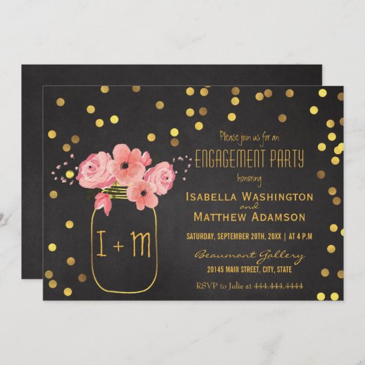 婚約パーティメイソンジャー紙吹雪チャルクボード 招待状 (正面/裏面)