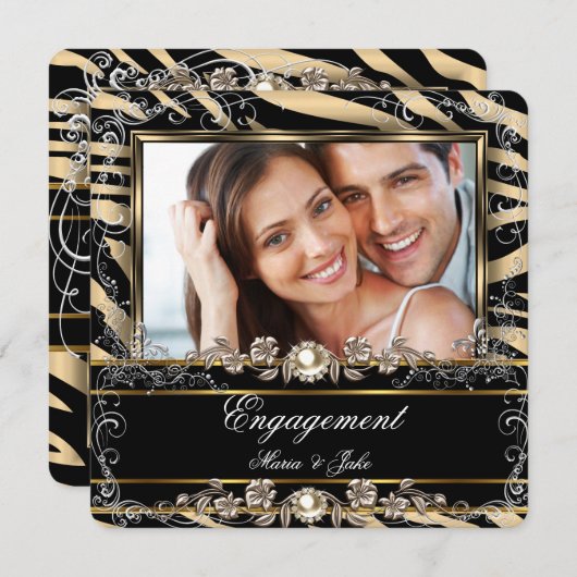 婚約パーティメタリックブロンズのゼブラ写真 招待状 (正面/裏面)