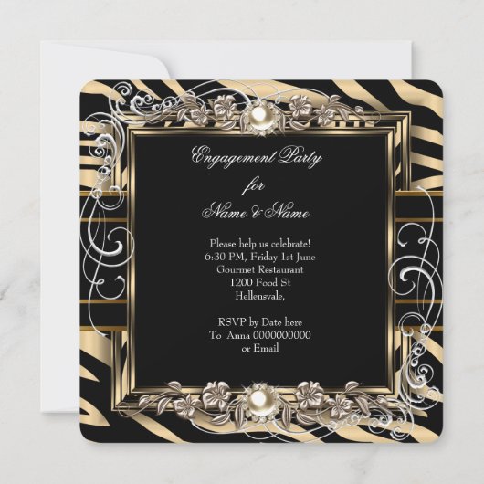 婚約パーティメタリックブロンズのゼブラ写真 招待状 (裏面)