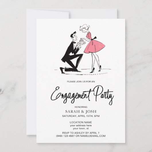 婚約パーティモダンタイポグラフィピンク手描き 招待状 (正面)