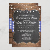 婚約パーティライトブルーチェックウッド招待状 招待状 (正面/裏面)