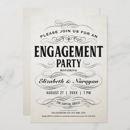 婚約パーティ招待状ヴィンテージScrollwork 招待状 (正面/裏面)