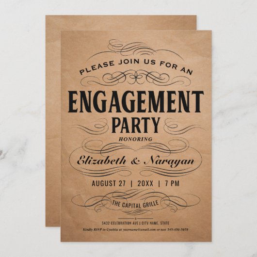 婚約パーティ招待状ヴィンテージScrollwork 招待状 (正面/裏面)