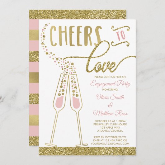 婚約パーティ招待状、フェイクグリッター、フォイル 招待状 (正面/裏面)