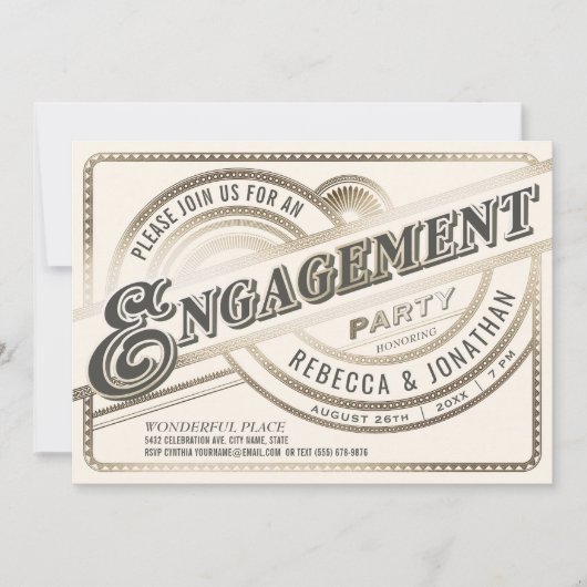 婚約パーティ招待状-レトロホワイト金ゴールド 招待状 (正面)