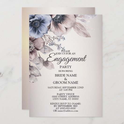 婚約パーティ水彩ブルーベージュの花 招待状 (正面/裏面)