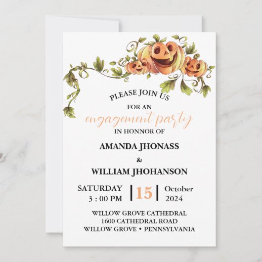 婚約パーティ秋ハロウィーン怖いカボチャ 招待状 (正面)