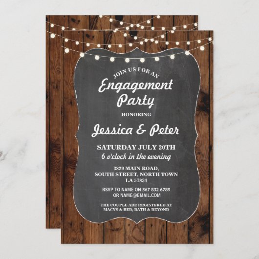 婚約パーティ素朴ウッドチョーク招待状 招待状 (正面/裏面)