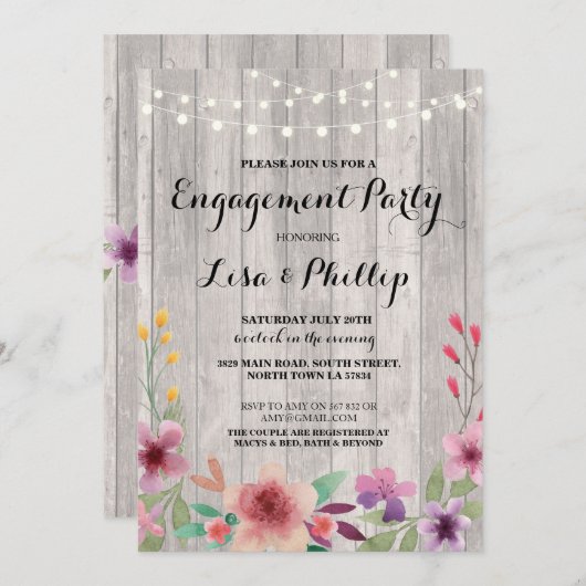 婚約パーティ素朴シャワーフローラ招待状 招待状 (正面/裏面)