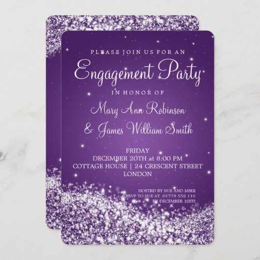 婚約パーティ結婚波パきらめくープル 招待状 (正面/裏面)