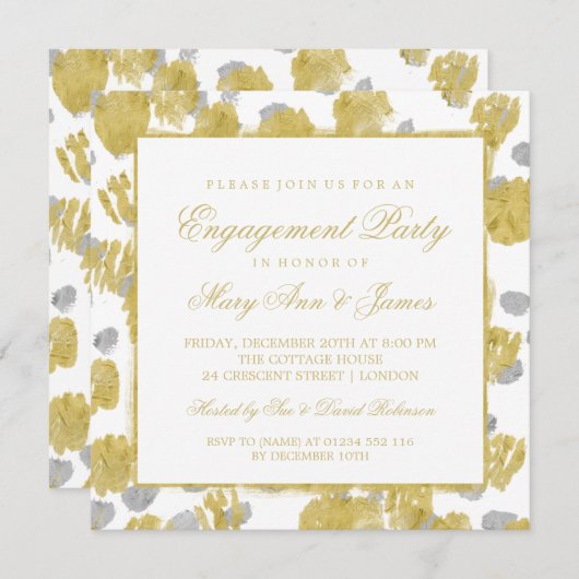 婚約パーティ金ゴールドとシルバーストローク 招待状 (正面/裏面)