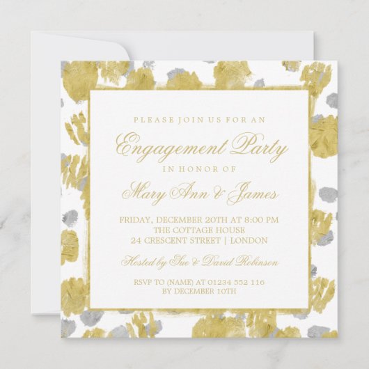 婚約パーティ金ゴールドとシルバーストローク 招待状 (正面)