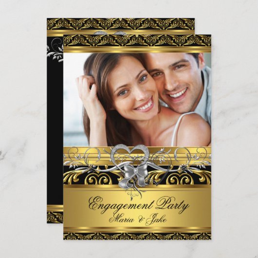 婚約パーティ金ゴールドシルバーハート写真4 招待状 (正面/裏面)