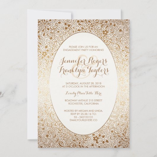 婚約パーティ金ゴールドフローラヴィンテージ白 招待状 (正面)