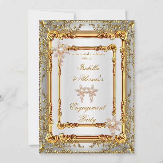 婚約パーティ金ゴールドホワイトダマスクフラワー 招待状 (正面)
