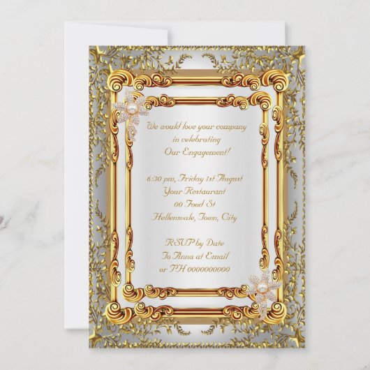 婚約パーティ金ゴールドホワイトダマスクフラワー 招待状 (裏面)