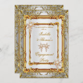 婚約パーティ金ゴールドホワイトダマスクフラワー 招待状 (正面/裏面)