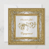 婚約パーティ金ゴールドホワイトダマスクフローラ 招待状 (正面)