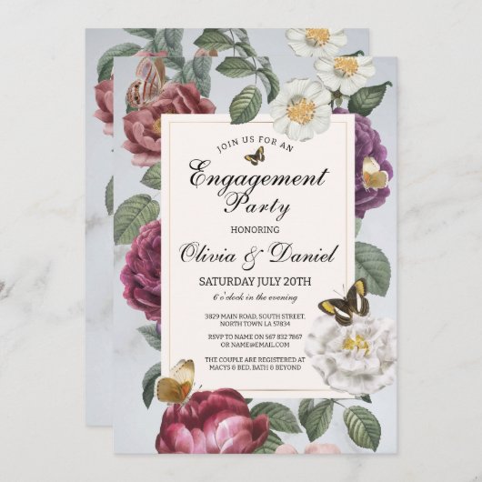 婚約パーティ開花蝶フローラヴィンテージ 招待状 (正面/裏面)