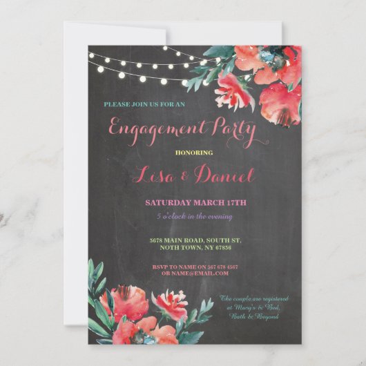 婚約パーティ黒板フローラレッド招待状 招待状 (正面)