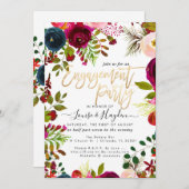 婚約パーティ·ウォーターカラー·フラワーズ、ブルゴーニュ海軍 案内状 (正面/裏面)