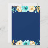 婚約パーティ – ネイビーブルーティール（緑がかった色）金ゴールドフローラ 招待状 (裏面)