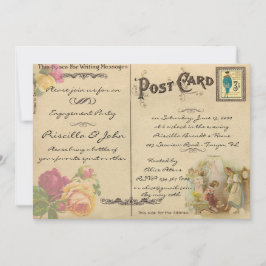 婚約パーティ、ヴィンテージ、古い郵便はがきのスタイル 招待状