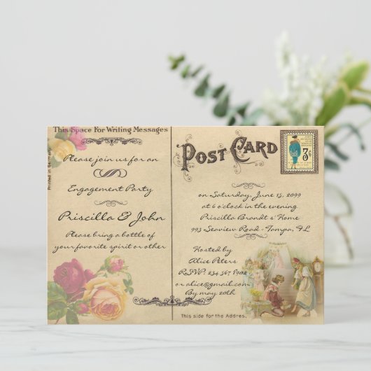 婚約パーティ、ヴィンテージ、古い郵便はがきのスタイル 招待状 (スタンド正面)