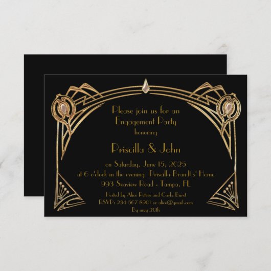 婚約パーティ、素晴らしいGatsbyの黒い芸術deco 招待状 (正面/裏面)