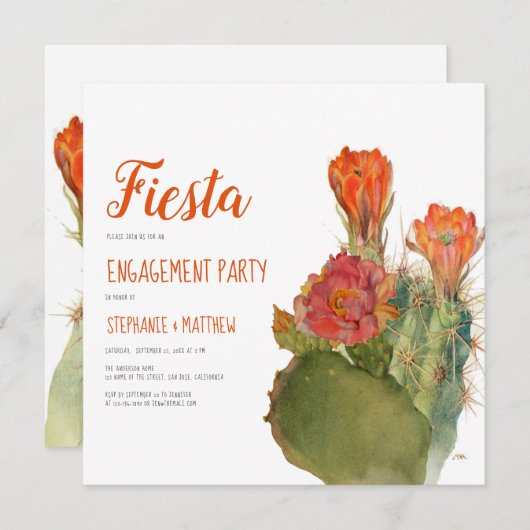 婚約フィエスタサクタスウォーターカラーフローラスクリプト 招待状 (正面/裏面)