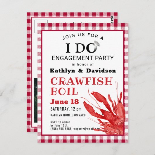 婚約フォトクロウフィッシュ煮沸パーティの招待状 ポストカード (正面/裏面)