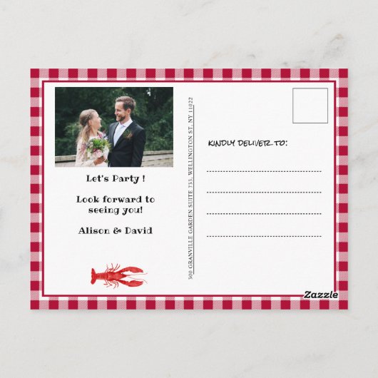 婚約フォトクロウフィッシュ煮沸パーティの招待状 ポストカード (裏面)