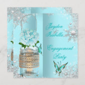 婚約メーソンジャースティール（緑がかった色）ブルーバタフライパーティー3 招待状 (正面/裏面)