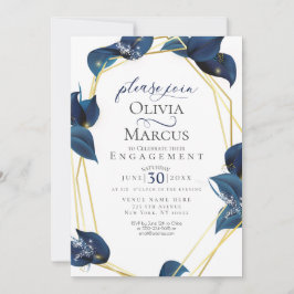 婚約モダン深いインディゴブルー&金ゴールド 招待状