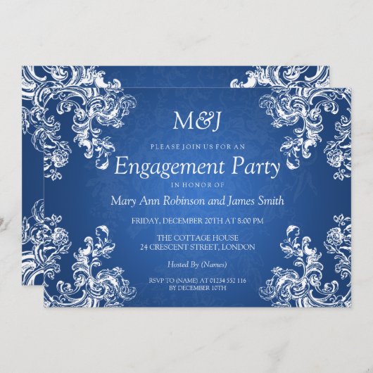 婚約ヴィンテージ結婚が2つのサファイアブルーを旋回 招待状 (正面/裏面)