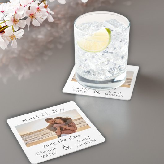 婚約写真の結婚式の日付の保存 スクエアペーパーコースター