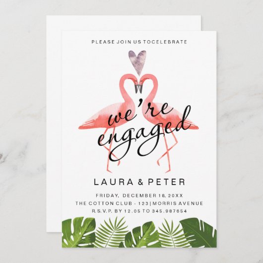 婚約発表|フラミンゴ熱帯の葉 招待状 (正面/裏面)
