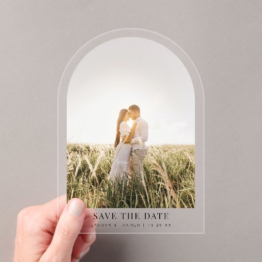 婚約結婚写真のアーチ日付の保存 アクリル招待状 (インサイチュ (ポータブル))