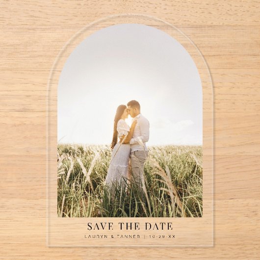 婚約結婚写真のアーチ日付の保存 アクリル招待状 (正面)