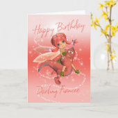 婚約者かわいい誕生日カード、妖精とピンクのドラゴン カード (黄色い花)