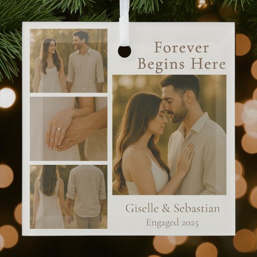 婚約4フォトコラージュクリスマスホリデー ガラスオーナメント