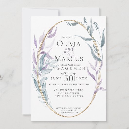 婚約 |ほこりっぽい青と紫の葉 招待状 (正面)