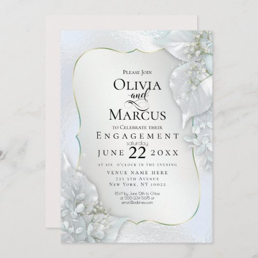 婚約 |アイスブルーきらめく葉 招待状 (正面/裏面)