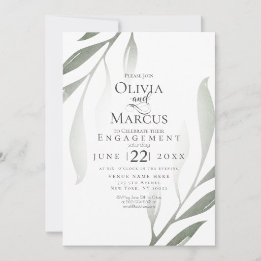 婚約 |セージ緑のオリーブの枝の水色 招待状 (正面)