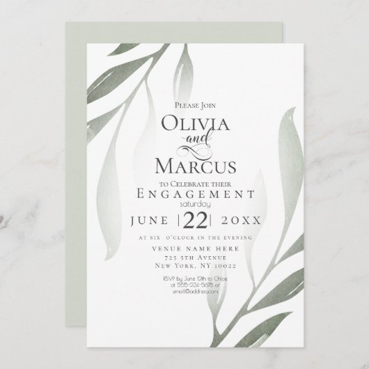 婚約 |セージ緑のオリーブの枝の水色 招待状 (正面/裏面)